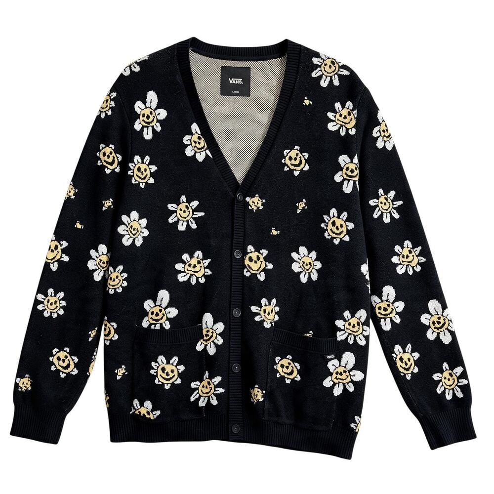 Vans Hilltop Black Cardigan Sweater Mens Large Smiling Daisies Skater Skateboard